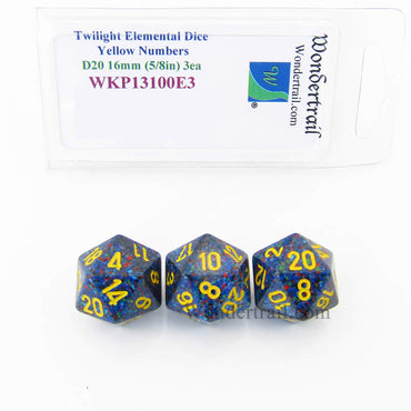 WKP13100E3 Twilight Elemental Dice Yellow Numbers 16mm D20 Pack of 3 (ONLINE ORDER ONLY)