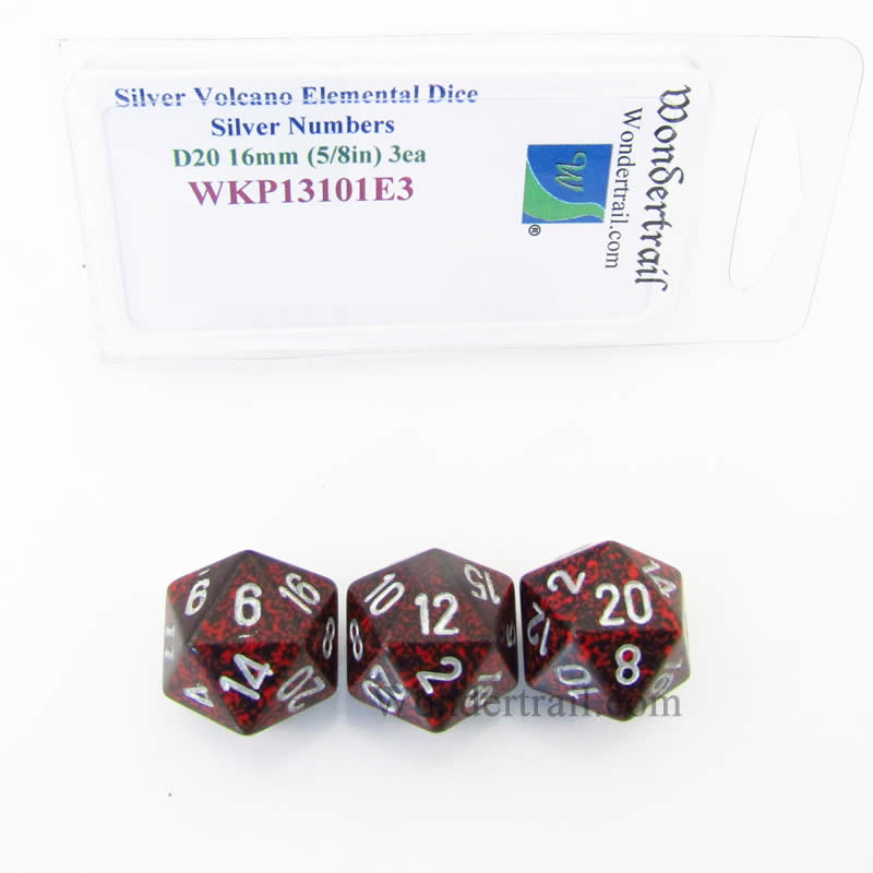 WKP13101E3 Silver Volcano Elemental Dice Silver Numbers 16mm D20 Pack of 3 (ONLINE ORDER ONLY)