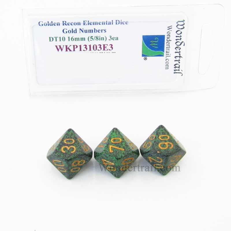 WKP13103E3 Golden Recon Elemental Dice Gold Numbers 16mm DT10 Pack of 3 (ONLINE ORDER ONLY)