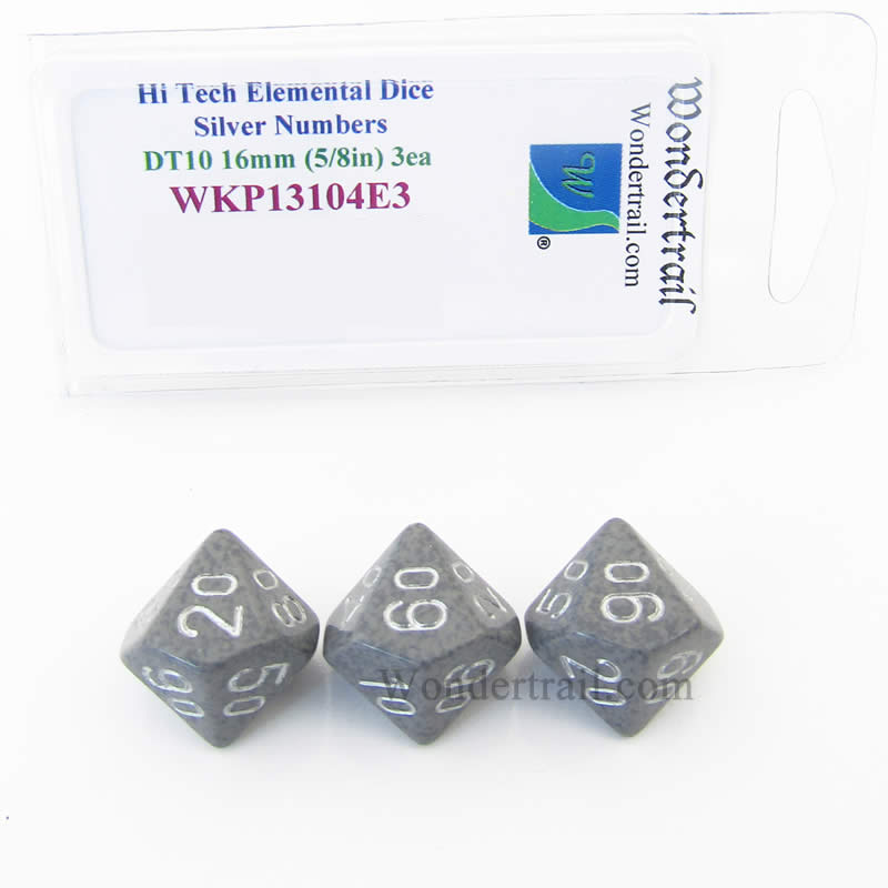 WKP13104E3 Hi Tech Elemental Dice Silver Numbers 16mm DT10 Pack of 3 (ONLINE ORDER ONLY)
