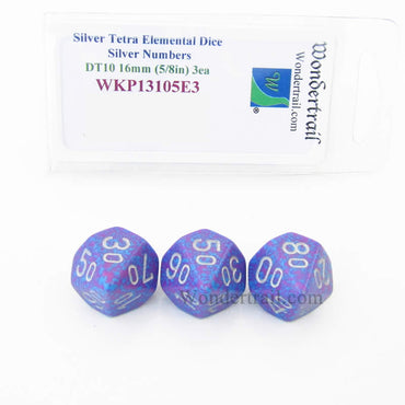 WKP13105E3 Silver Tetra Elemental Dice Silver Numbers 16mm DT10 Pack of 3 (ONLINE ORDER ONLY)