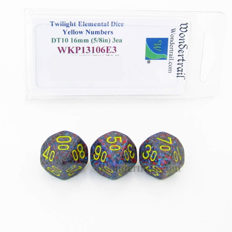WKP13106E3 Twilight Elemental Dice Yellow Numbers 16mm DT10 Pack of 3 (ONLINE ORDER ONLY)
