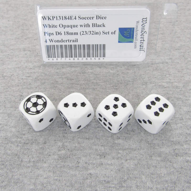 WKP13184E4 Soccer Dice White Opaque Black Pips D6 18mm Set of 4 (ONLINE ORDER ONLY)