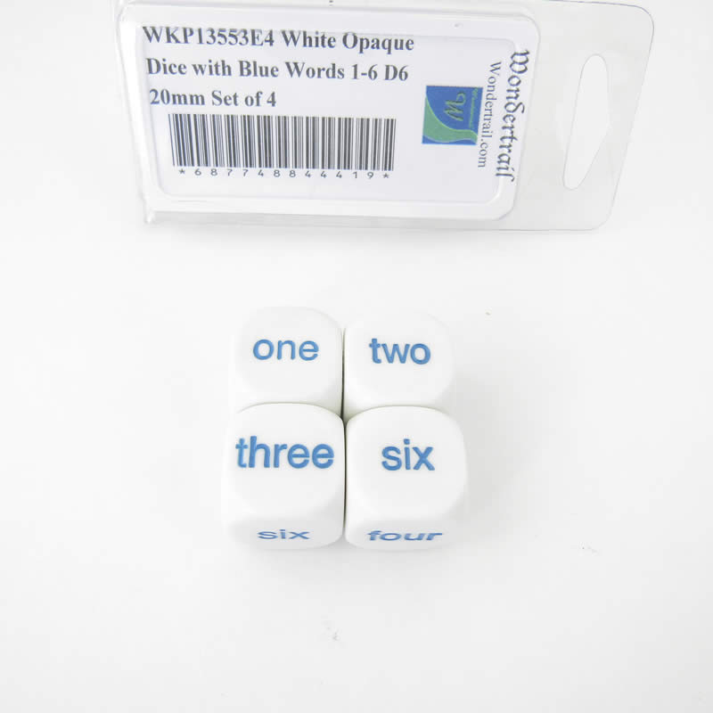 WKP13553E4 White Opaque Dice with Blue Words 1-6 D6 20mm Set of 4 (ONLINE ORDER ONLY)