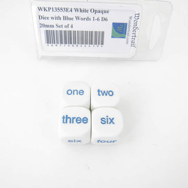 WKP13553E4 White Opaque Dice with Blue Words 1-6 D6 20mm Set of 4 (ONLINE ORDER ONLY)