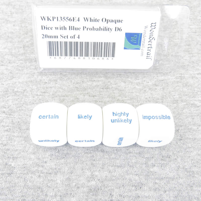 WKP13556E4  White Opaque Dice with Blue Probability D6 20mm Set of 4 (ONLINE ORDER ONLY)