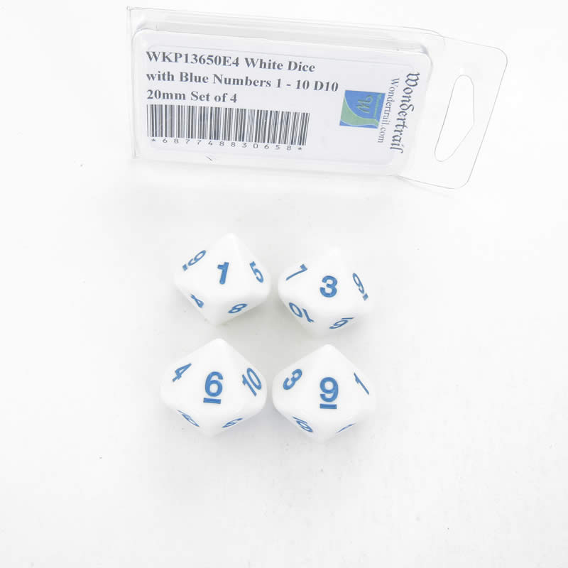 WKP13650E4 White Opaque Dice Blue Numbers 1-10 D10 20mm Set of 4 (ONLINE ORDER ONLY)