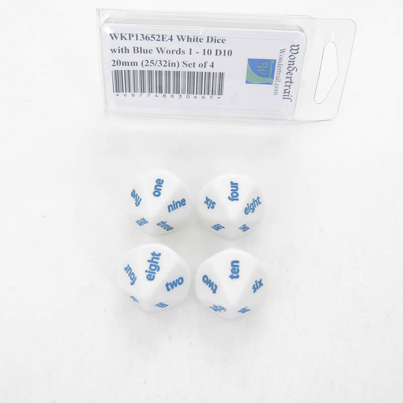 WKP13652E4 White Opaque Dice Blue Words 1-10 D10 20mm Set of 4 (ONLINE ORDER ONLY)