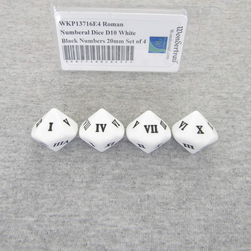 WKP13716E4 Roman Numeral Dice D10 White Black Numbers 20mm Set of 4 (ONLINE ORDER ONLY)