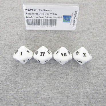WKP13716E4 Roman Numeral Dice D10 White Black Numbers 20mm Set of 4 (ONLINE ORDER ONLY)