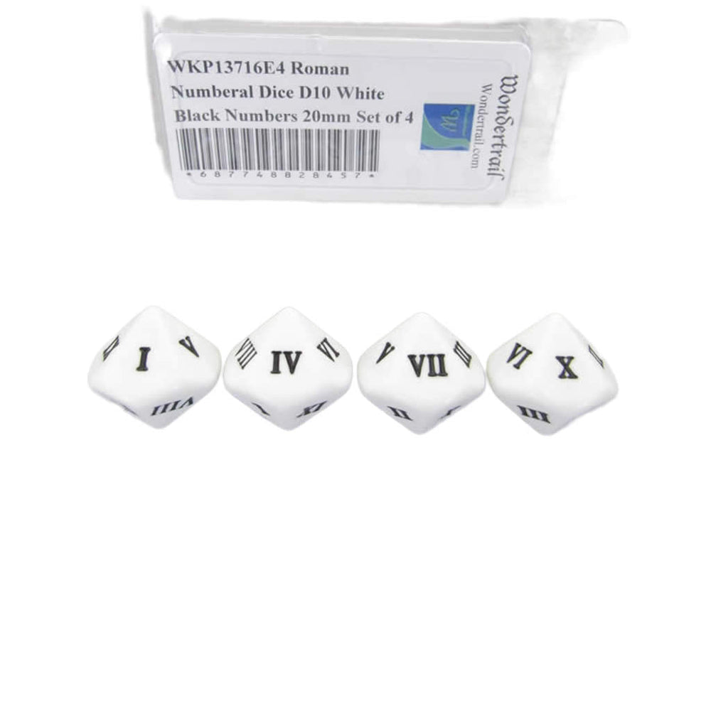 WKP13716E4 Roman Numeral Dice D10 White Black Numbers 20mm Set of 4 (ONLINE ORDER ONLY)