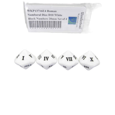 WKP13716E4 Roman Numeral Dice D10 White Black Numbers 20mm Set of 4 (ONLINE ORDER ONLY)