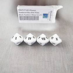 WKP13716E4 Roman Numeral Dice D10 White Black Numbers 20mm Set of 4 (ONLINE ORDER ONLY)