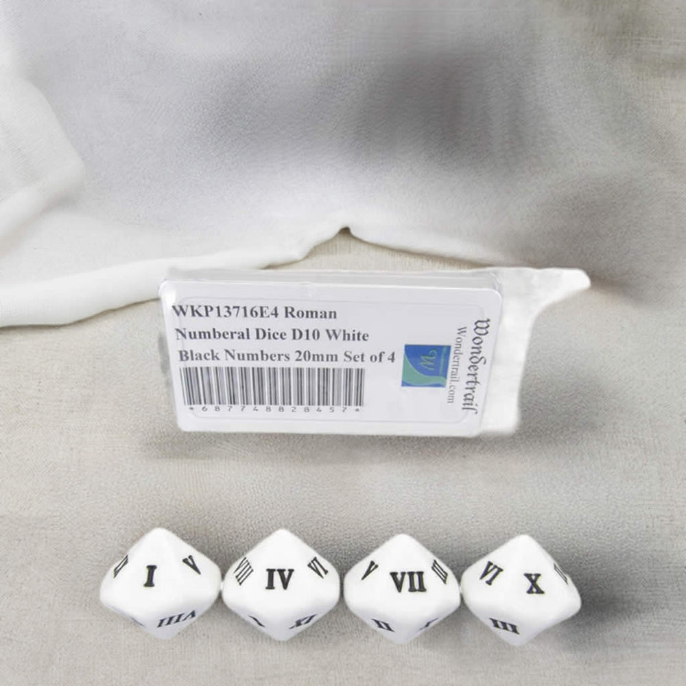 WKP13716E4 Roman Numeral Dice D10 White Black Numbers 20mm Set of 4 (ONLINE ORDER ONLY)
