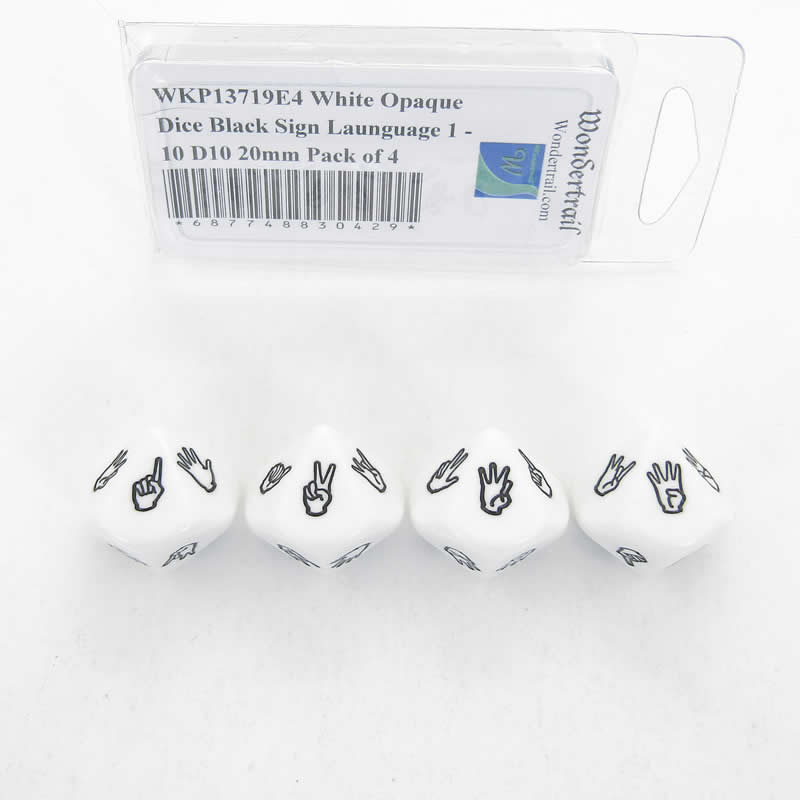 WKP13719E4 White Opaque Dice with Black Sign Language 1 - 10 D10 20mm (25/32in) Pack of 4 (ONLINE ORDER ONLY)