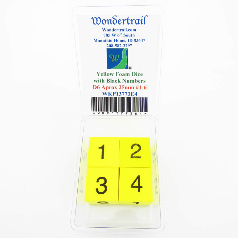 WKP13773E4 Yellow Foam Dice Black Numbers 1-6 D6 25mm (1in) Set of 4 (ONLINE ORDER ONLY)