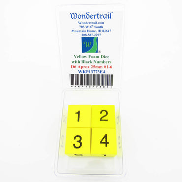 WKP13773E4 Yellow Foam Dice Black Numbers 1-6 D6 25mm (1in) Set of 4 (ONLINE ORDER ONLY)