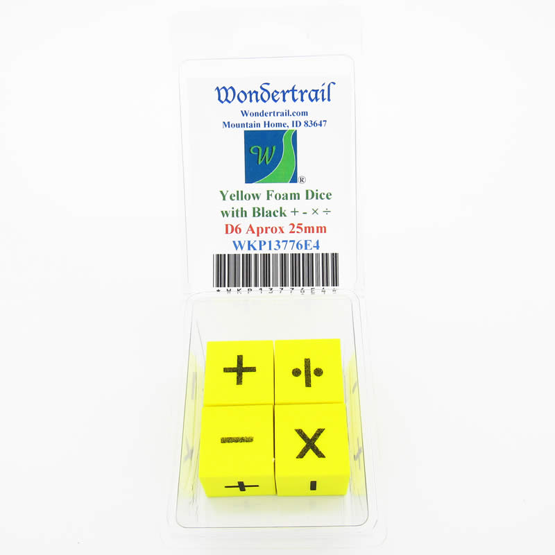 WKP13776E4 Four Function Foam Dice D6 Yellow Black Numbers 25mm Set of 4 (ONLINE ORDER ONLY)