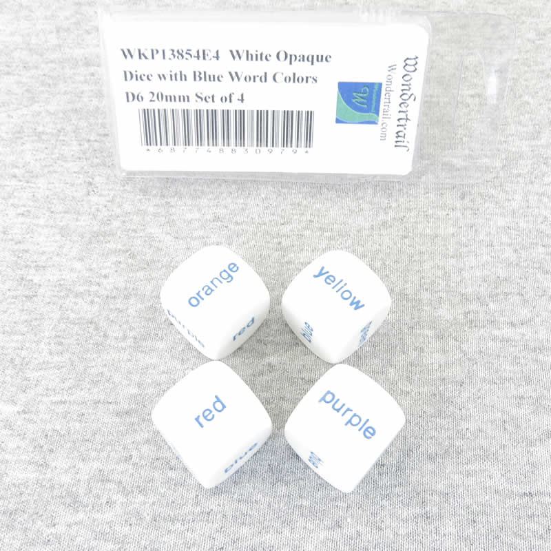 WKP13854E4  White Opaque Dice with Blue Word Colors D6 20mm Set of 4 (ONLINE ORDER ONLY)
