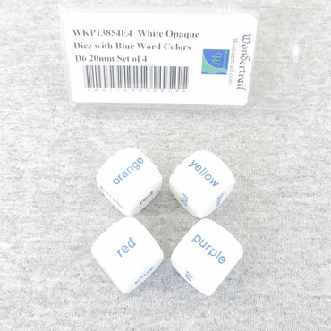 WKP13854E4  White Opaque Dice with Blue Word Colors D6 20mm Set of 4 (ONLINE ORDER ONLY)