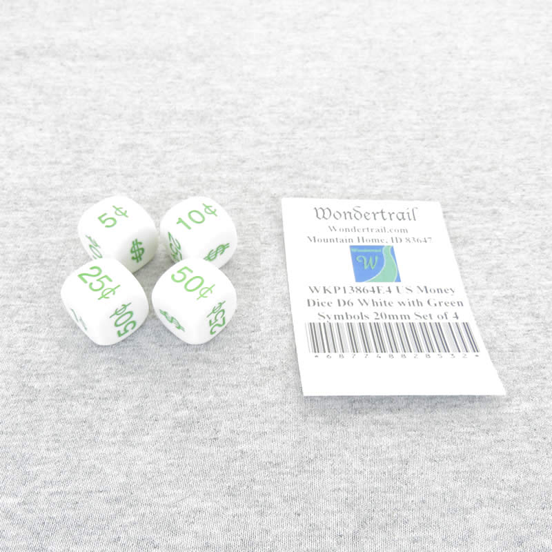 WKP13864E4 US Money Dice D6 White with Green Symbols 20mm Set of 4 (ONLINE ORDER ONLY)