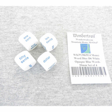 WKP13865E4 Money Word Dice D6 White Opaque Blue Words 20mm Set of 4 (ONLINE ORDER ONLY)