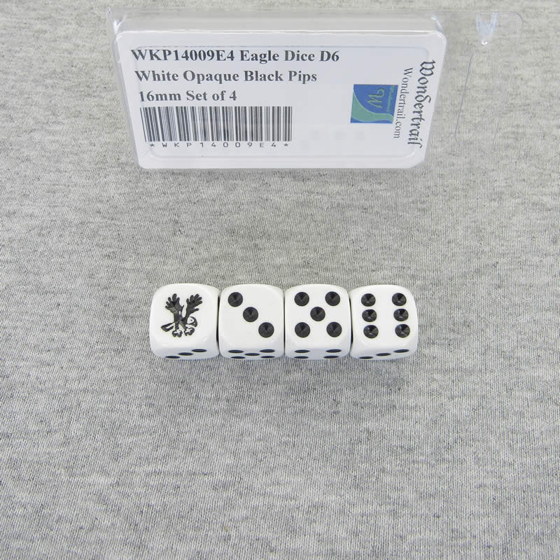 WKP14009E4 Eagle Dice D6 White Opaque Black Pips 16mm Set of 4 (ONLINE ORDER ONLY)