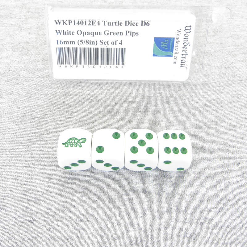 WKP14012E4 Turtle Dice D6 White Opaque Green Pips 16mm (5/8in) Set of 4 (ONLINE ORDER ONLY)