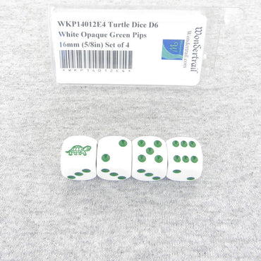 WKP14012E4 Turtle Dice D6 White Opaque Green Pips 16mm (5/8in) Set of 4 (ONLINE ORDER ONLY)