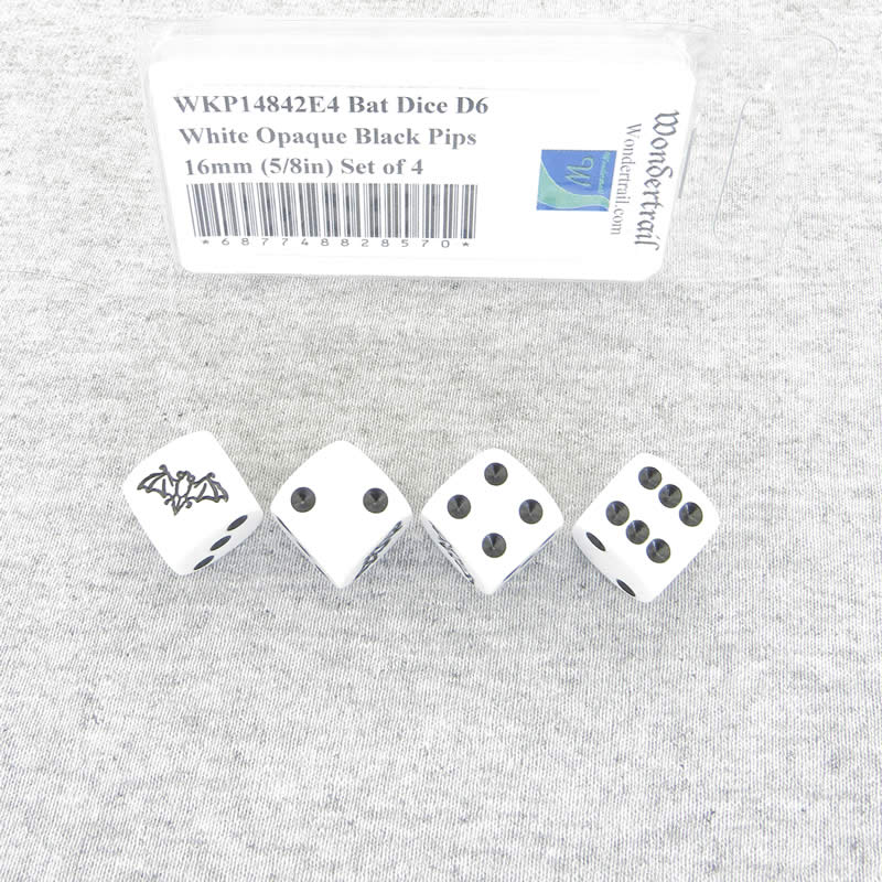 WKP14842E4 Bat Dice D6 White Opaque Black Pips 16mm (5/8in) Set of 4 (ONLINE ORDER ONLY)