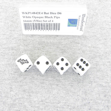 WKP14842E4 Bat Dice D6 White Opaque Black Pips 16mm (5/8in) Set of 4 (ONLINE ORDER ONLY)