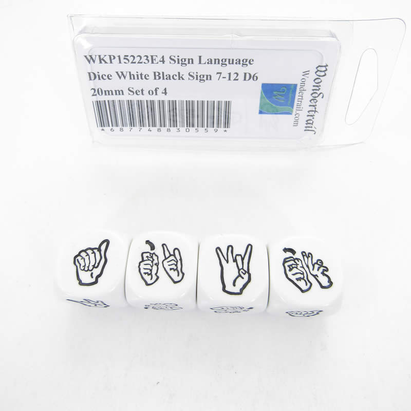 WKP15223E4 Sign Language Dice White Black Sign 7-12 D6 20mm Set of 4 (ONLINE ORDER ONLY)