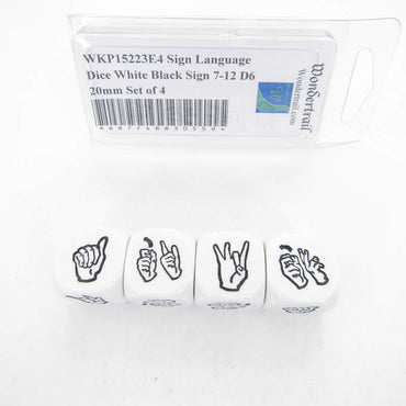 WKP15223E4 Sign Language Dice White Black Sign 7-12 D6 20mm Set of 4 (ONLINE ORDER ONLY)