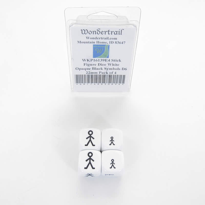 WKP16139E4 Stick Figure Dice White Opaque Black Symbols D6 22mm Pack of 4 (ONLINE ORDER ONLY)