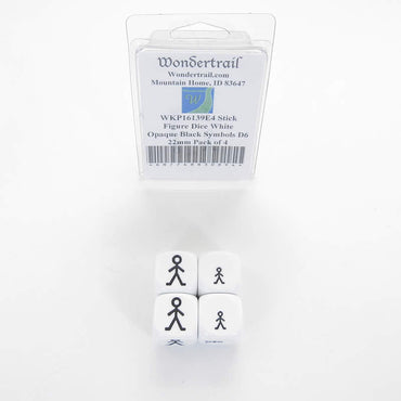 WKP16139E4 Stick Figure Dice White Opaque Black Symbols D6 22mm Pack of 4 (ONLINE ORDER ONLY)