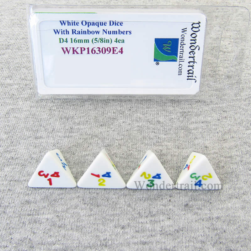 WKP16309E4 White Opaque Dice Rainbow Color Numbers D4 16mm Pack of 4 (ONLINE ORDER ONLY)
