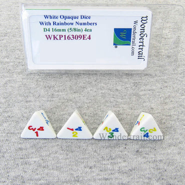 WKP16309E4 White Opaque Dice Rainbow Color Numbers D4 16mm Pack of 4 (ONLINE ORDER ONLY)