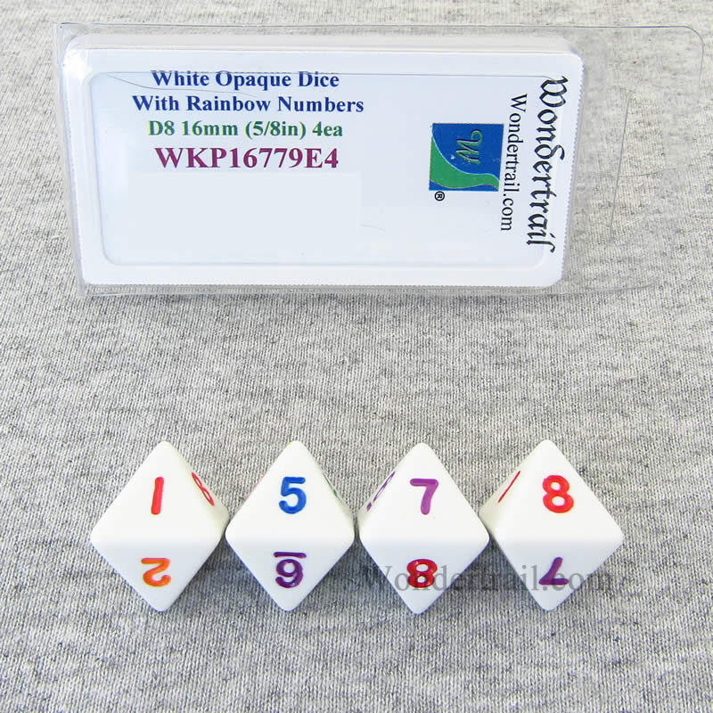 WKP16779E4 White Opaque Dice Rainbow Color Numbers D8 16mm Pack of 4 (ONLINE ORDER ONLY)