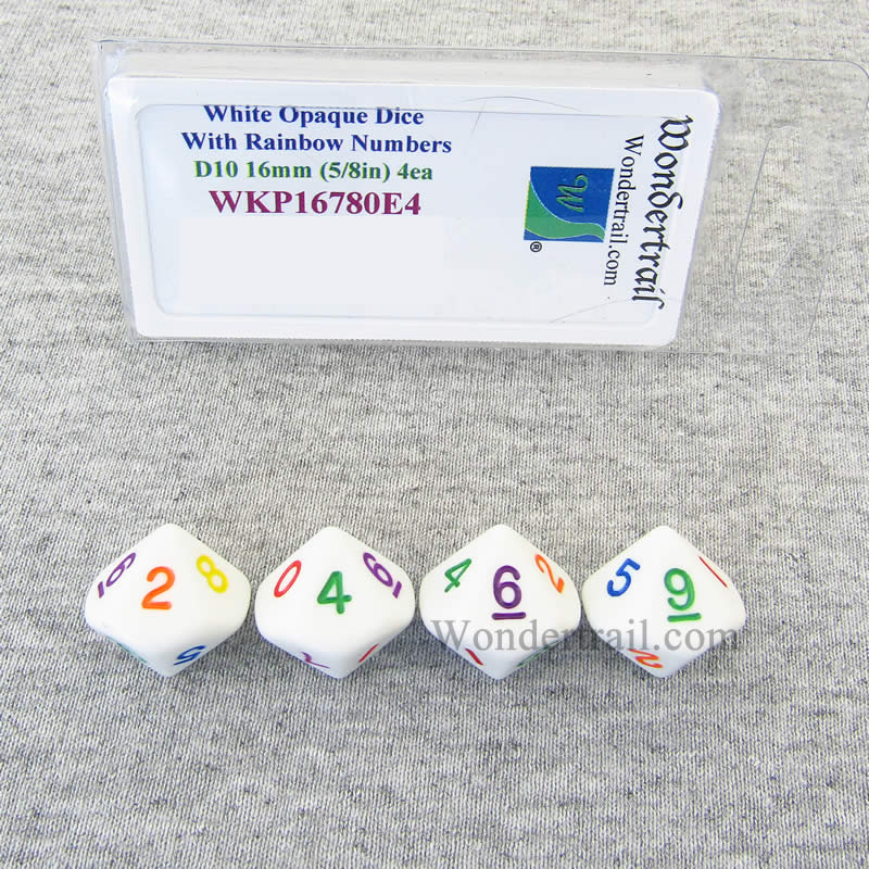 WKP16780E4 White Opaque Dice Rainbow Color Numbers D10 16mm Pack of 4 (ONLINE ORDER ONLY)
