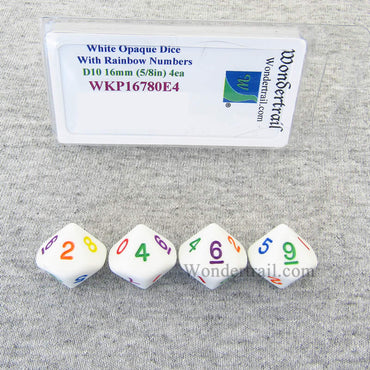 WKP16780E4 White Opaque Dice Rainbow Color Numbers D10 16mm Pack of 4 (ONLINE ORDER ONLY)