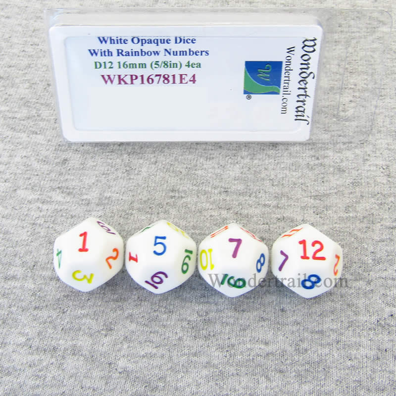 WKP16781E4 White Opaque Dice Rainbow Color Numbers D12 16mm Pack of 4 (ONLINE ORDER ONLY)
