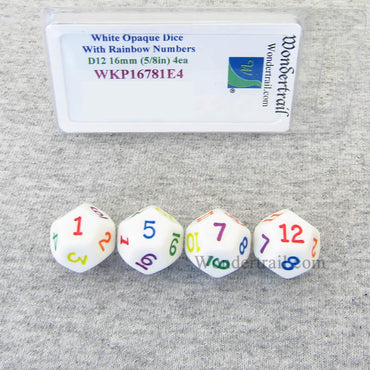 WKP16781E4 White Opaque Dice Rainbow Color Numbers D12 16mm Pack of 4 (ONLINE ORDER ONLY)