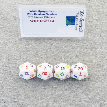 WKP16782E4 White Opaque Dice Rainbow Color Numbers D20 16mm Pack of 4 (ONLINE ORDER ONLY)