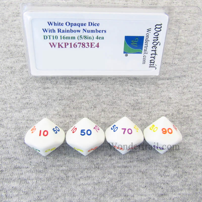 WKP16783E4 White Opaque Dice Rainbow Color Numbers DT10 16mm Pack of 4 (ONLINE ORDER ONLY)