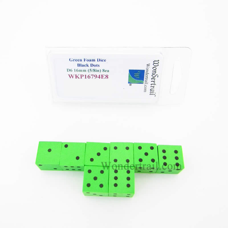WKP16794E8 Green Foam Dice with Black Dots D6 16mm (5/8in) Pack of 8 (ONLINE ORDER ONLY)