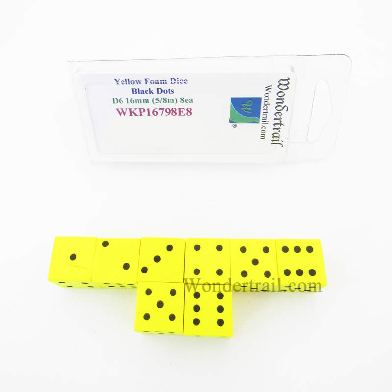 WKP16798E8 Yellow Foam Dice with Black Dots D6 16mm (5/8in) Pack of 8 (ONLINE ORDER ONLY)