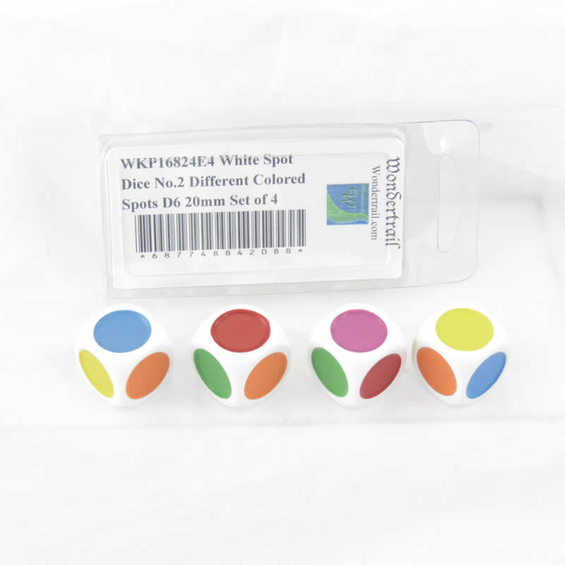 WKP16824E4 White Spot Dice No.2 Different Colored Spots D6 20mm Set of 4 (ONLINE ORDER ONLY)