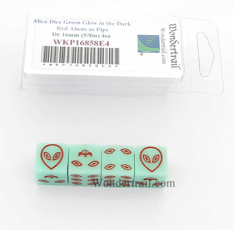 WKP16858E4 Alien Dice D6 Green Glow in the Dark with Red Aliens 16mm Set of 4 (ONLINE ORDER ONLY)