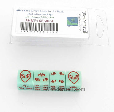 WKP16858E4 Alien Dice D6 Green Glow in the Dark with Red Aliens 16mm Set of 4 (ONLINE ORDER ONLY)
