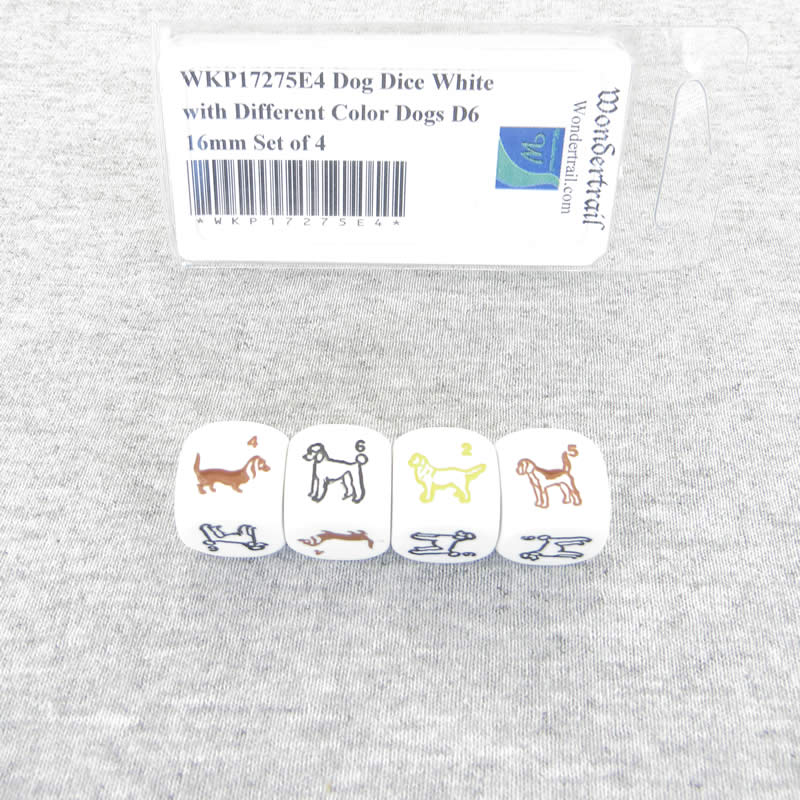 WKP17275E4 Dog Dice White with Different Color Dogs D6 16mm Set of 4 (ONLINE ORDER ONLY)